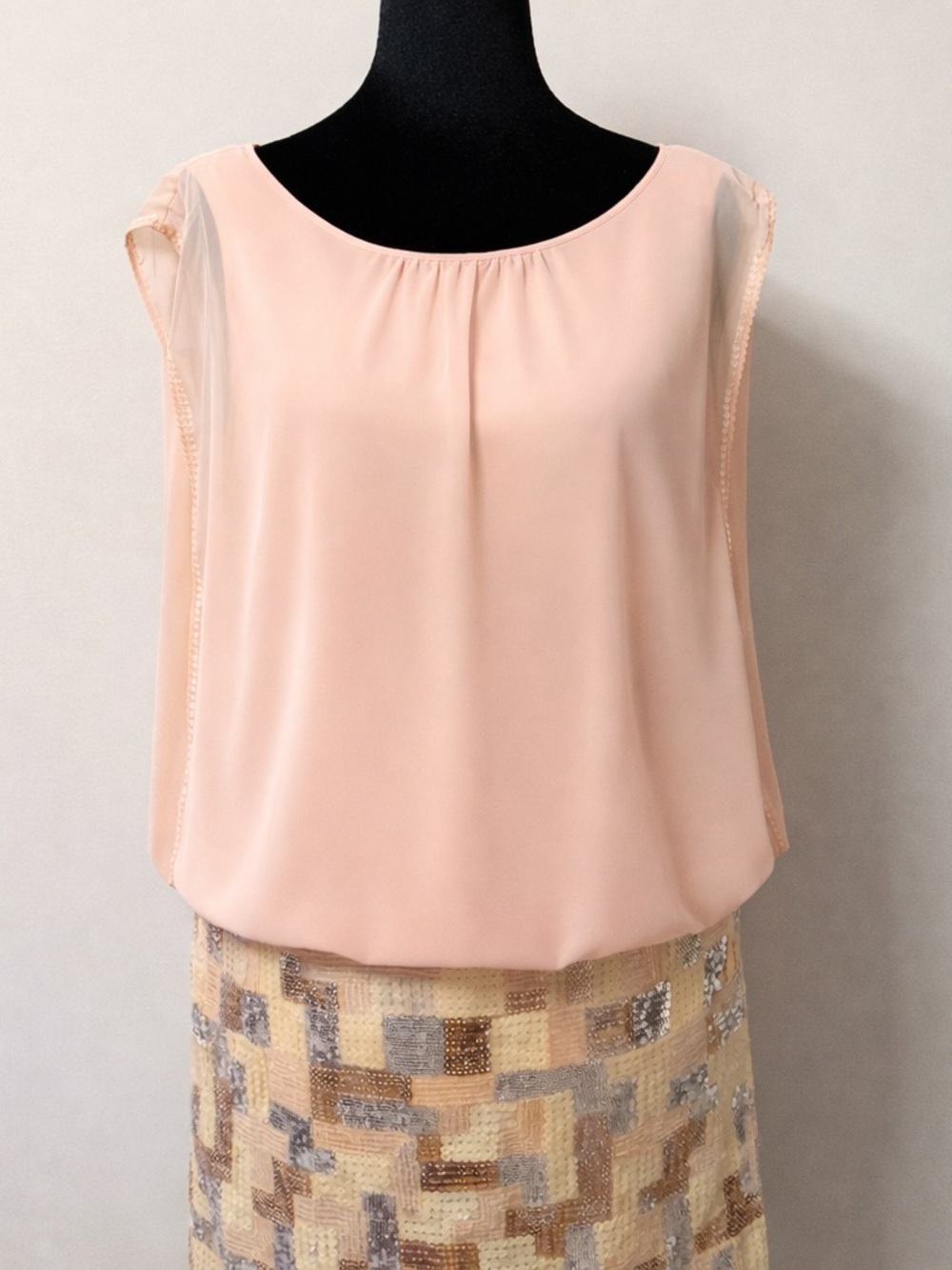 Aidan Mattox Peach Blush Dress Size 10 Sequin Skirt Sheer Overlay Cocktail